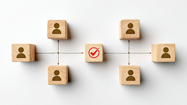 Wooden cubes with human icons connected by arrows and central cube with red check mark symbolizing teamwork and approval in network concept