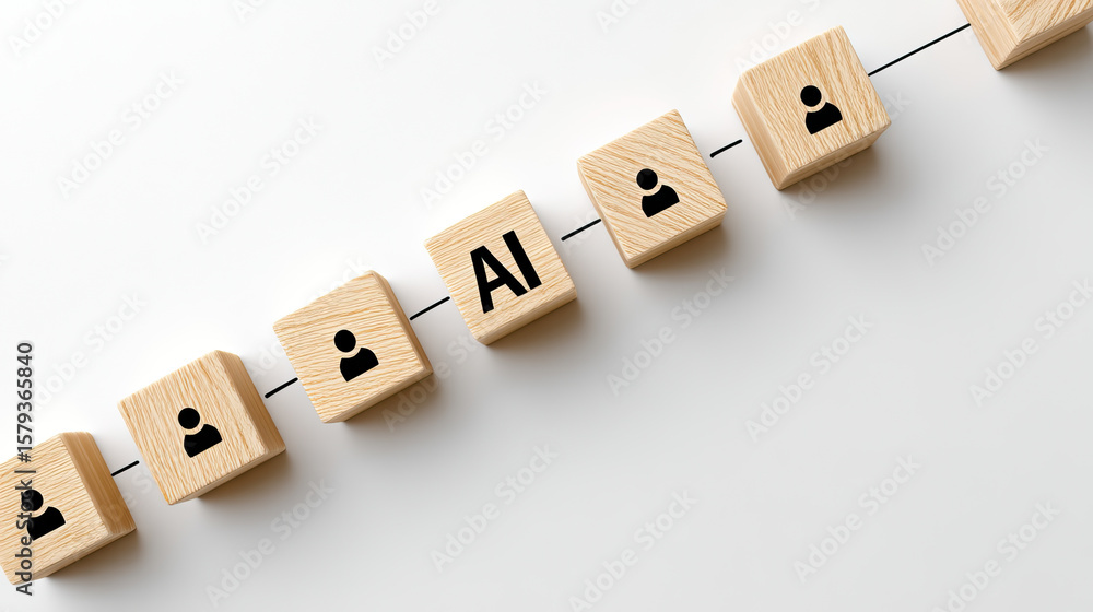 Poster artificial intelligence concept with wooden cubes connected by lines and human icons representing ne