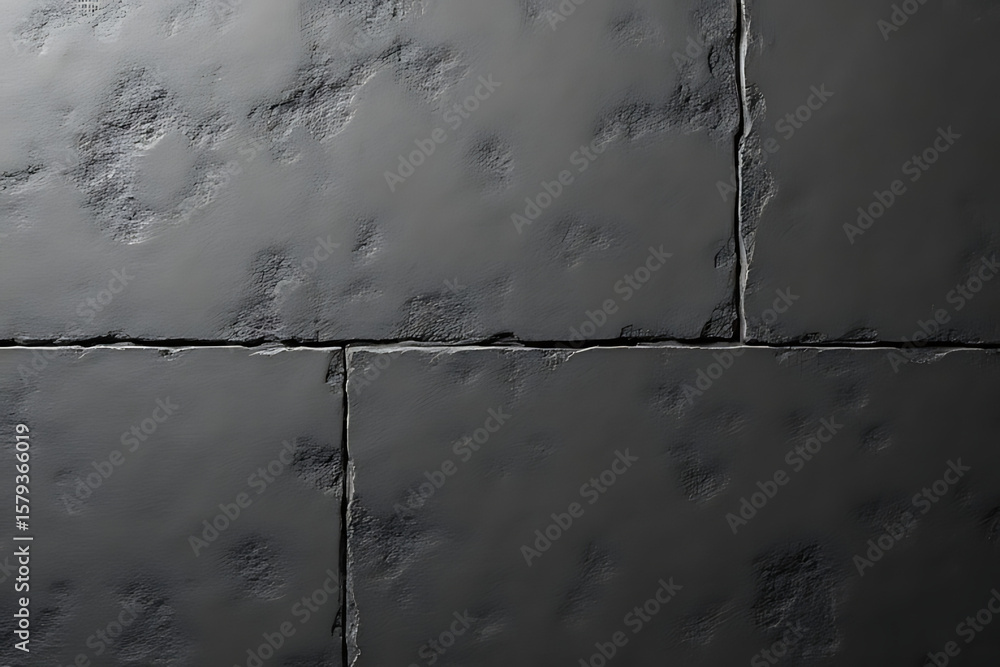 Poster close up of four dark gray textured stone tiles with rough surface and visible grout lines in a squa