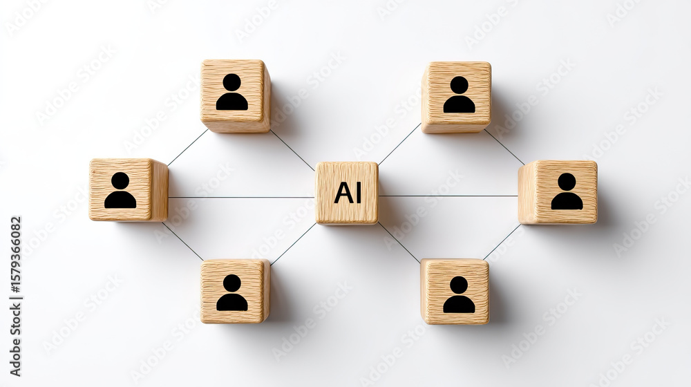 Poster artificial intelligence concept with wooden cubes connected by lines, symbolizing network and human 