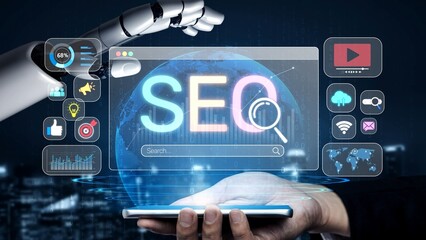 SEO concept for improving SEO visibility, with SEO related digital tools and SEO performance icons...