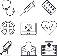 Medical Healthcare Line Icons – Stethoscope, Ambulance, Pill & Medical Symbol Vector Set