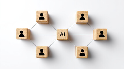 Artificial intelligence concept with wooden cubes connected by lines, symbolizing network and human interaction in technology and communication