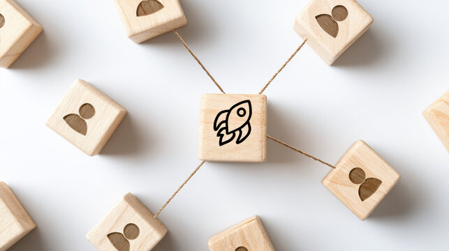 Wooden cubes connected with string showing rocket icon in center and user icons around, symbolizing teamwork and startup growth concept