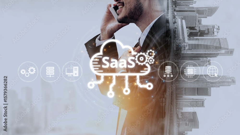 Poster visual representation of saas showing infrastructure, saas deployment, saas platform features, and s