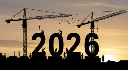 Construction Workers Building 2026 - Silhouetted construction workers build the numbers 2026 against a sunset backdrop, signifying new construction and development in the coming year