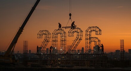 Construction Workers Building 2026 at Dusk - Teamwork, progress, construction, future, new year. Silhouetted workers build a large 2026 structure on a construction site at sunset