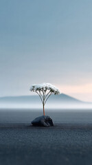 Minimalist landscape featuring a delicate white flower blooming from a rock, evoking themes of resilience, growth, and natures beauty. Ideal for inspirational content.