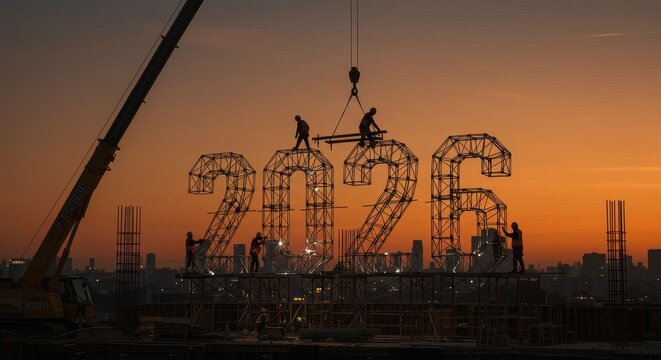 Construction Workers Building 2026 at Dusk - Teamwork, progress, construction, future, new year. Silhouetted workers build a large 2026 structure on a construction site at sunset - Powered by Adobe