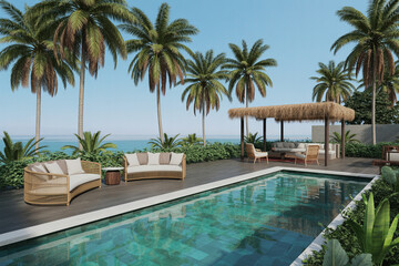 Fototapeta premium Luxury Tropical Poolside with Palm Trees, Ocean View, and Rattan Sun Loungers
