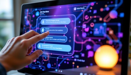 ai chat bot conversation interface on virtual screen, persons hand touching screen on left, abstract violet tones, clear daylight, ideal for photo with copy space on right.