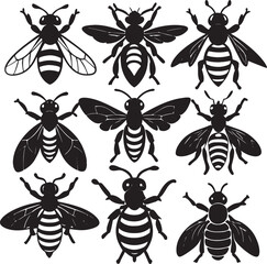 Collection of stylized black and white bee silhouettes with varied poses