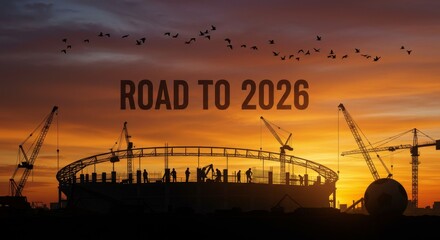 Stadium Construction Sunset 2026 - Silhouette of stadium under construction at sunset, cranes, birds, text "Road to 2026". Construction progress, future event