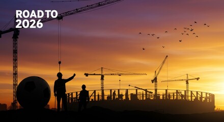 Stadium Construction Sunset Silhouette - Construction workers build a football stadium against a vibrant sunset. Symbolising progress, teamwork, ambition, anticipation, and achievement