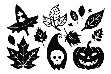 Spooky Season Halloween & Autumn Leaves Silhouettes, Vector Graphics