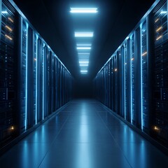 Illuminated Data Center Server Room: Modern Technology Infrastructure and Network System