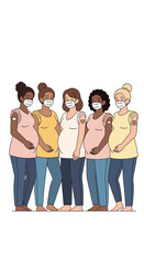 Obraz premium Five pregnant women wearing face masks standing together showing support