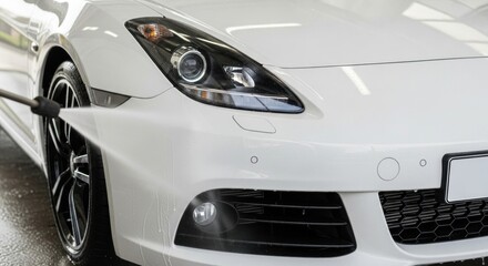 A high-pressure water jet cleans a pristine white sports car's front end during a professional detailing.