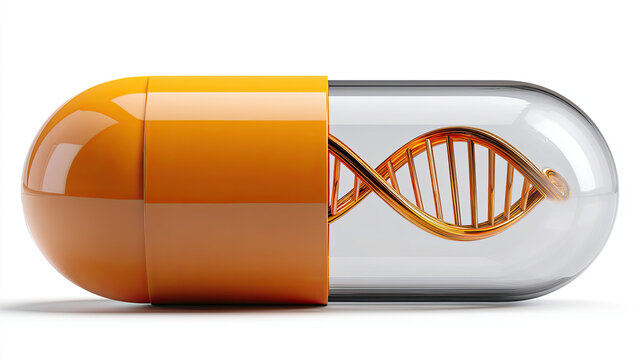 A close up of a capsule pill with a dna strand inside the clear side on a white background - Powered by Adobe