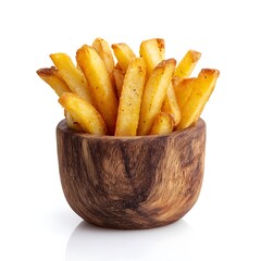 Golden french fries seasoned with spices served in a rustic wooden bowl isolated on white background