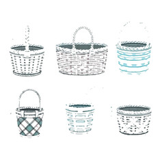 Collection of six hand drawn decorative woven baskets with handles in various styles