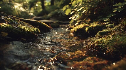 Obraz premium A serene stream flows through a lush forest with moss-covered rocks and sunlight filtering through