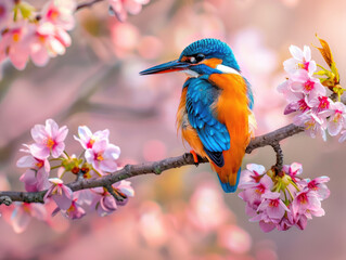 Fototapeta premium Beautiful Kingfisher Bird Perched on Sakura Cherry Blossom Tree Branch with Vibrant Pink Flowers in Spring Season