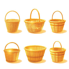 Collection of six woven wicker baskets with handles on a white background
