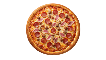 Delicious pepperoni pizza with ham and sausage for dinner and lunch italian food fast food tasty 10 inch on transparent background