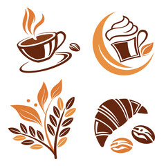 Collection of stylized coffee shop icons featuring a steaming cup of coffee a cupcake with cream a sprig of leaves and a croissant with coffee beans
