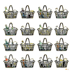 Collection of twelve shopping baskets filled with groceries and bottles on a white background