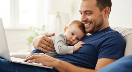 Obraz premium A father working on a laptop while holding his baby close to him and smiling in a bright room setting