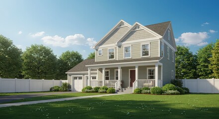 A two story house with a front porch and a white picket fence on a sunny day with a blue sky