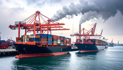 Fototapeta premium Large Cargo Ships with Red Cranes in Busy Industrial Port Under Cloudy Sky