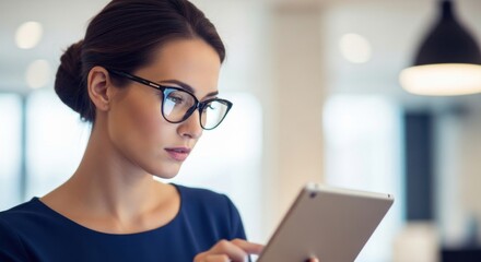 Woman with glasses using a tablet in a bright office setting with blurred background and a modern lamp above