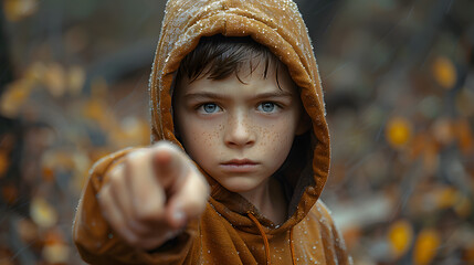 A determined boy in a casual hoodie points directly at the camera with intense focus, capturing a bold moment of confidence, energy, and unspoken purpose through expression.

