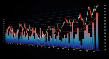 Stock market chart with candlestick and bar graphs showing financial data on a dark background