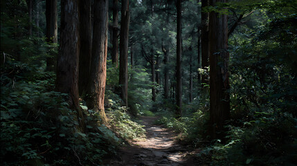 Obraz premium Shaded trail bordered by tall dark trunks under dense canopy