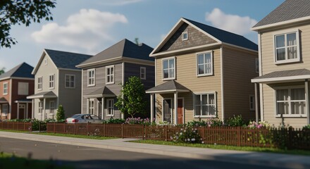 A row of suburban houses with different colors and designs on a sunny day with a car parked nearby