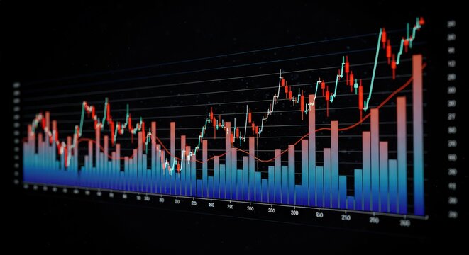 Stock market chart with candlestick and bar graphs showing financial data on a dark background - Powered by Adobe