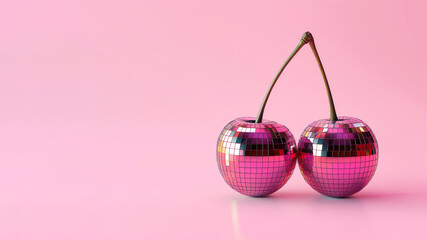 Two disco cherries on pink background. Pop art fruit and party concept.
