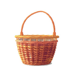 Empty woven wicker basket with a twisted handle on a white background