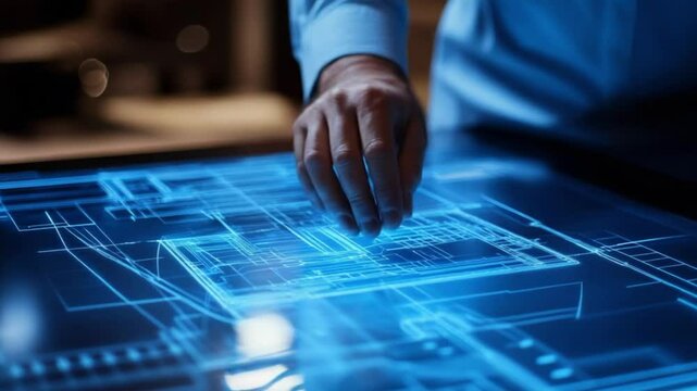 A person's hand interacts with a large, dark, interactive touchscreen displaying a glowing blue digital blueprint or circuit design. The scene is dimly lit, suggesting a late-night work setting