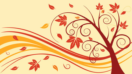 Stylized autumn tree with swirling branches and falling maple leaves in warm red and orange tones against a pale yellow background
