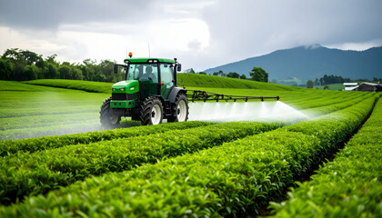 Modern Green Tractor Spraying Large Crop Field Under Cloudy Sky