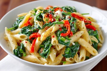 Penne pasta dish with spinach, sundried tomatoes and goat cheese
