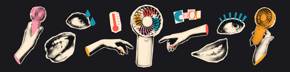 Trendy halftone collage cut outs set. Paper clippings, hands holding portable handheld fans, summer heat concept stickers with vintage texture and doodles. Modern retro mixed media vector illustration