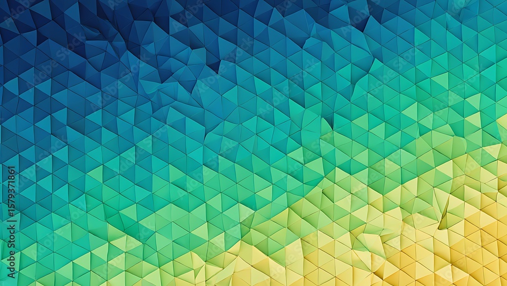 Poster geometric abstract: a spectrum of triangular forms in blue, green, and yellow,polygonal gradient bac
