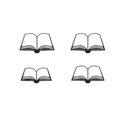 Four open books in a simple black outline drawing on a white background