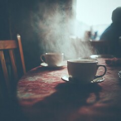 Fototapeta premium Warmth and comfort capture with a pair of steaming cups on vintage table